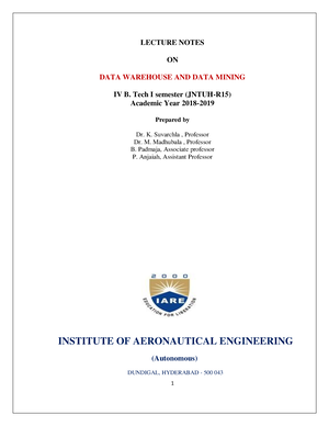 DWDM Lecturenotes LECTURE NOTES ON DATA WAREHOUSE AND DATA