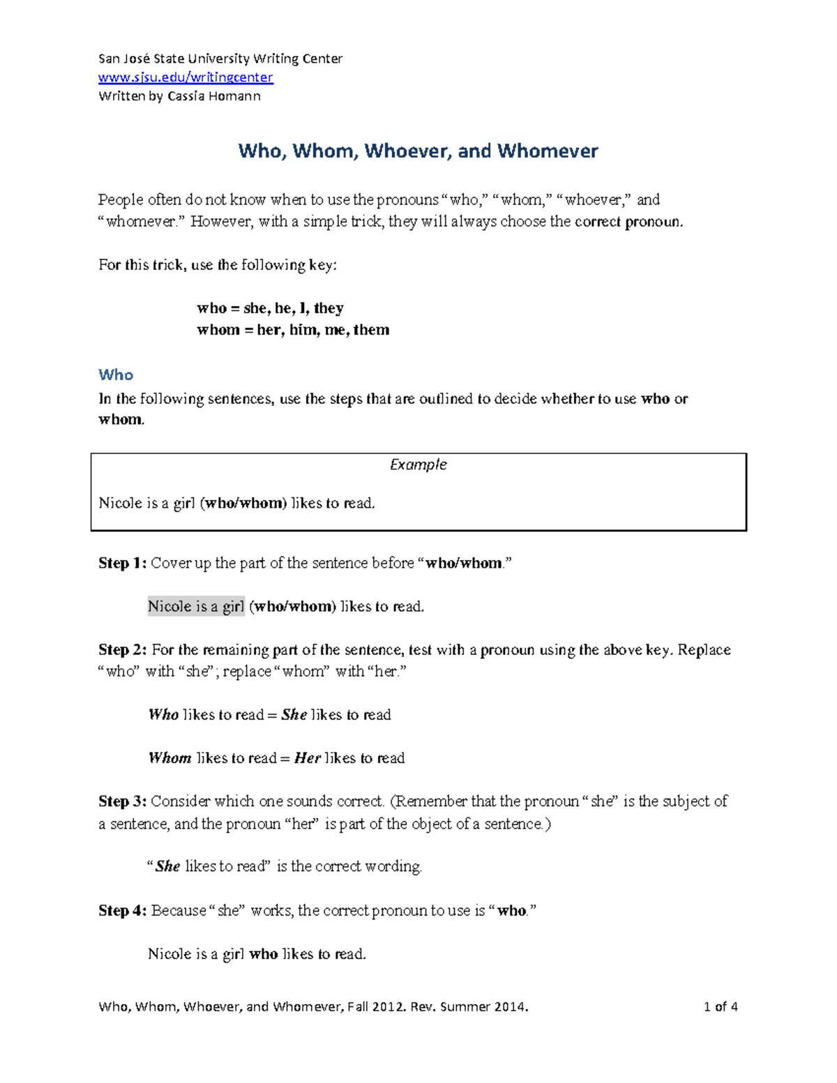 Who Whom Whoever Whomever - San José State University Writing Center ...