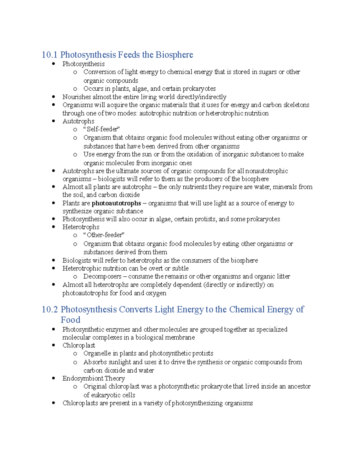 Chapter 10 Notes - 10 Photosynthesis Feeds the Biosphere Photosynthesis ...