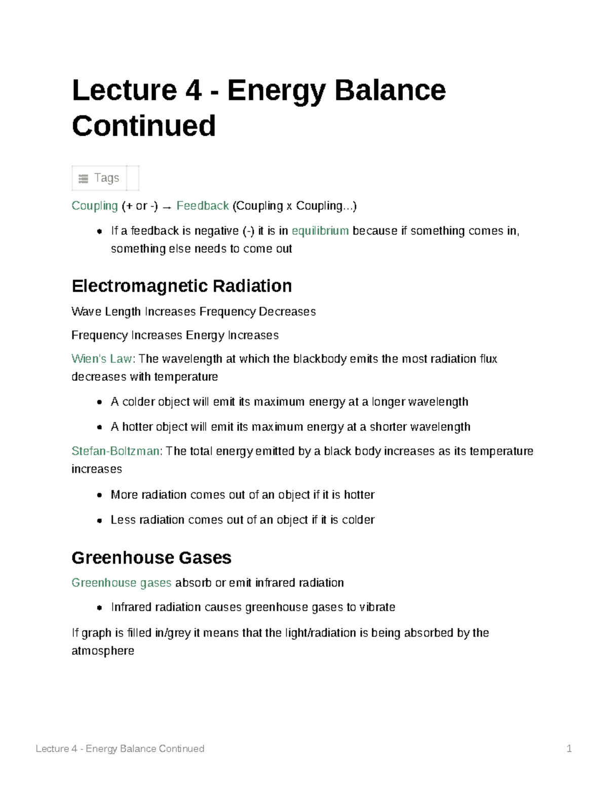 Lecture 4 Energy Balance Continued Lecture 4 Energy Balance