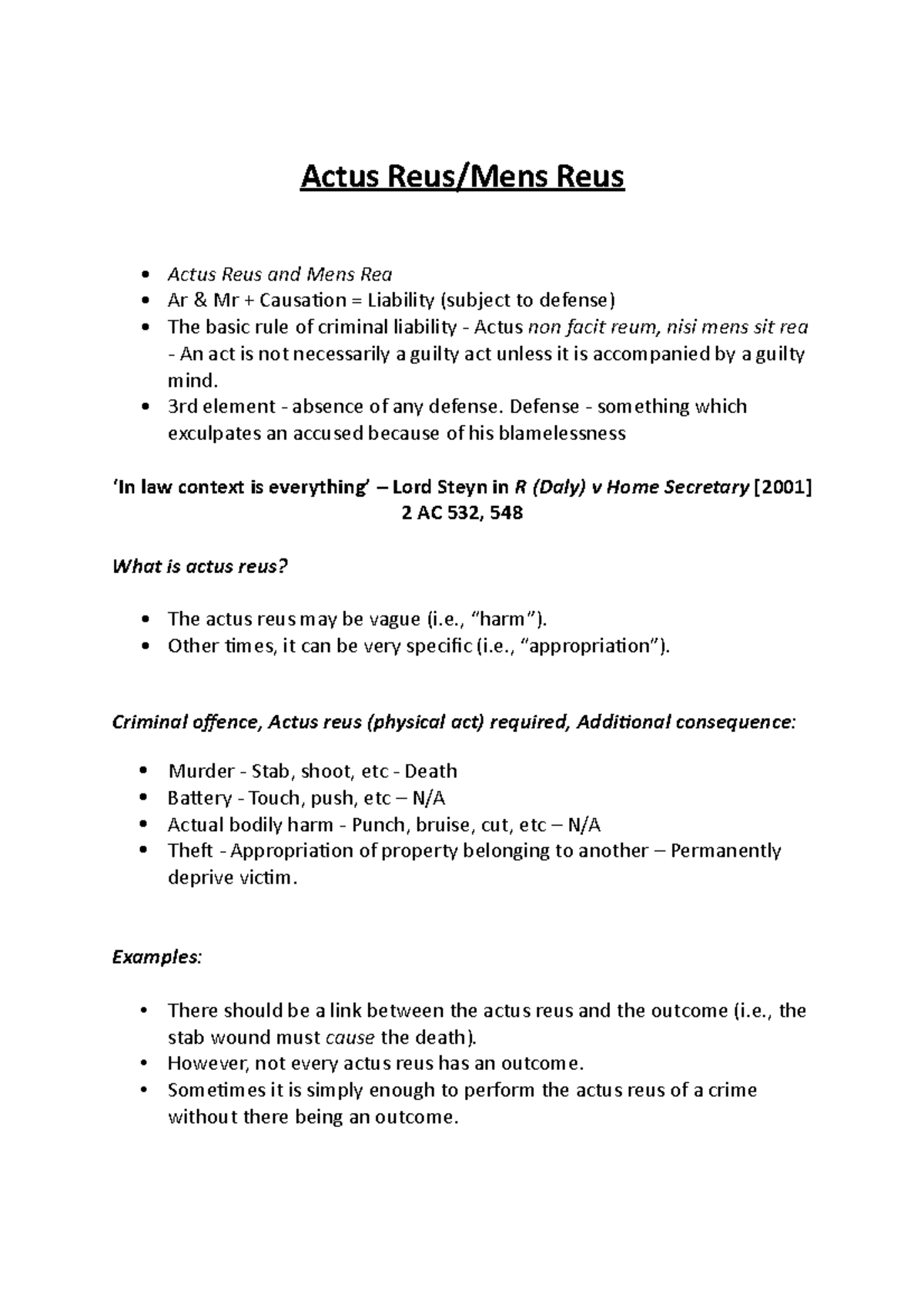 Actus reus Criminal law - LLBP 1015 - De Montfort University - Studocu