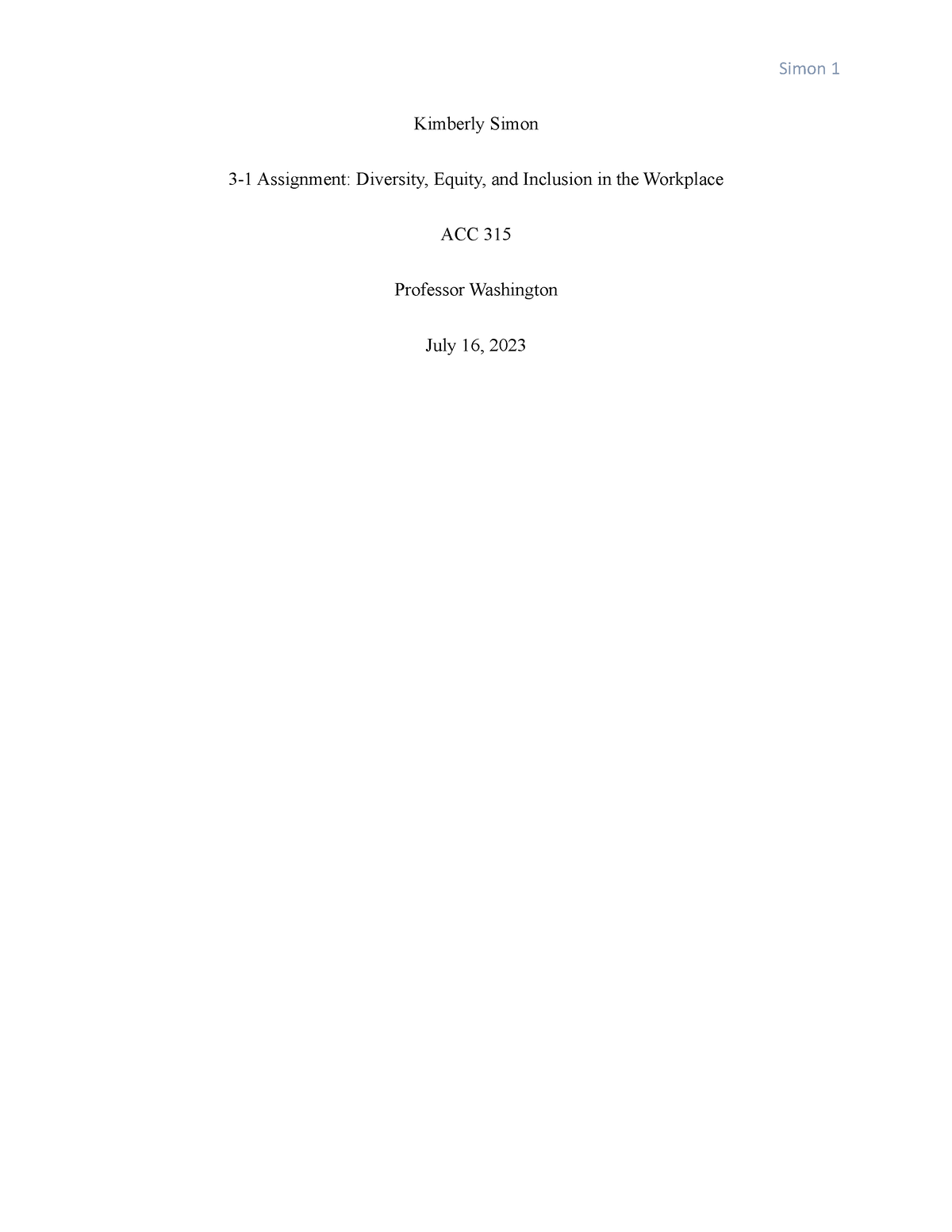 3-1 - questions may vary. - Kimberly Simon 3-1 Assignment: Diversity ...