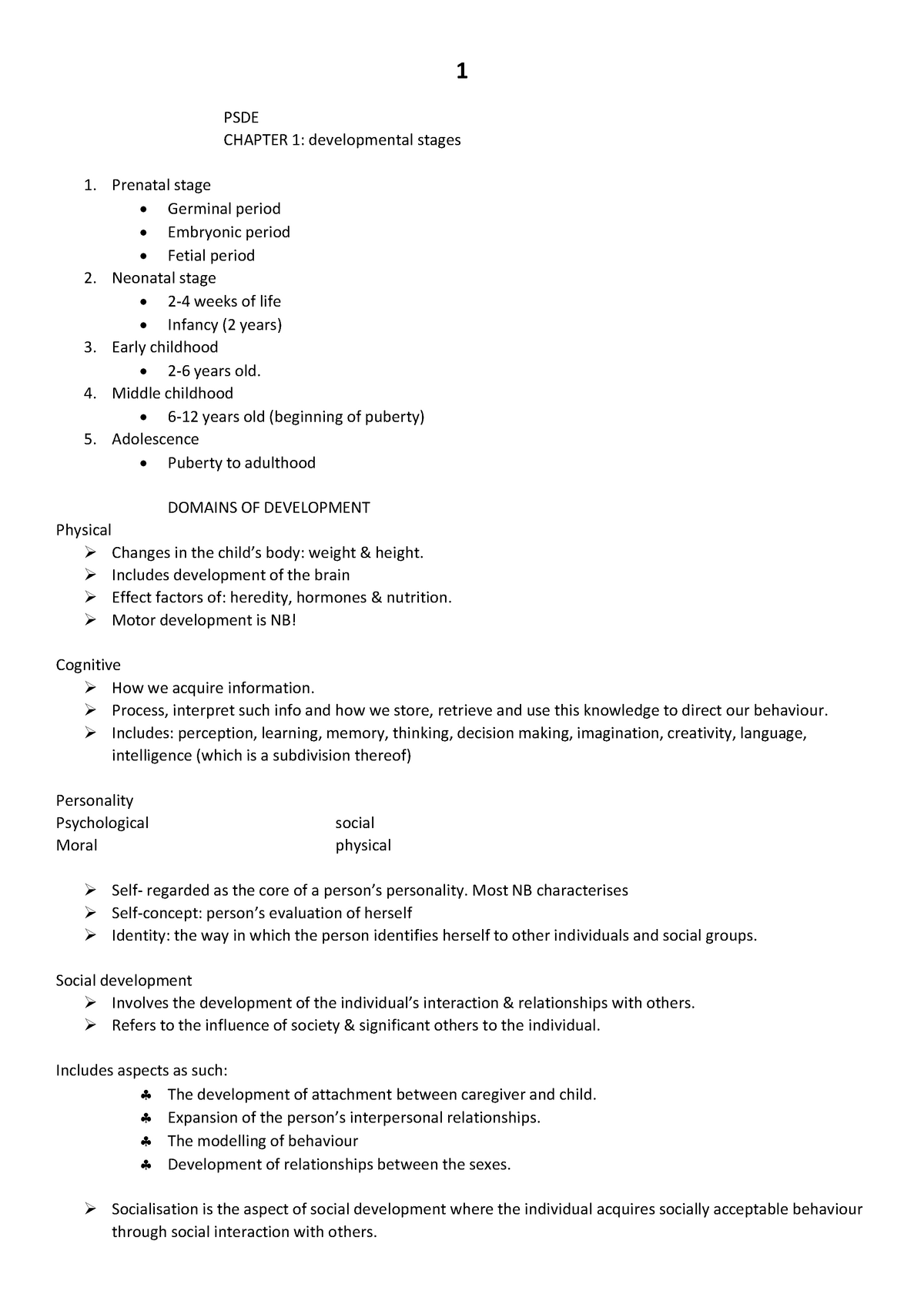 Self Made Notes - 1 Psde Chapter 1: Developmental Stages 1. Prenatal 