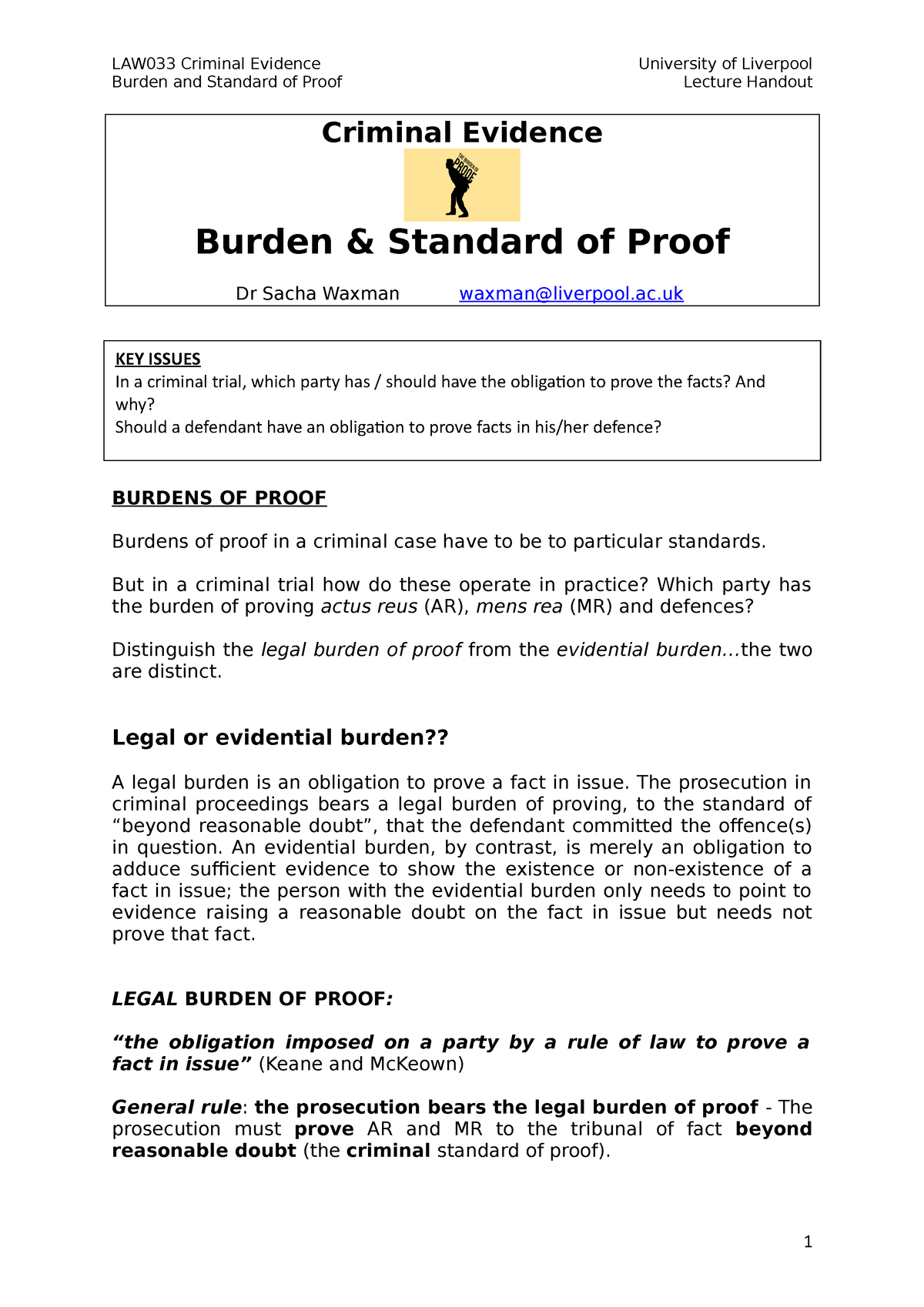 Burden & Standard Of Proof Lecture Handout 2021 - Burden And Standard ...