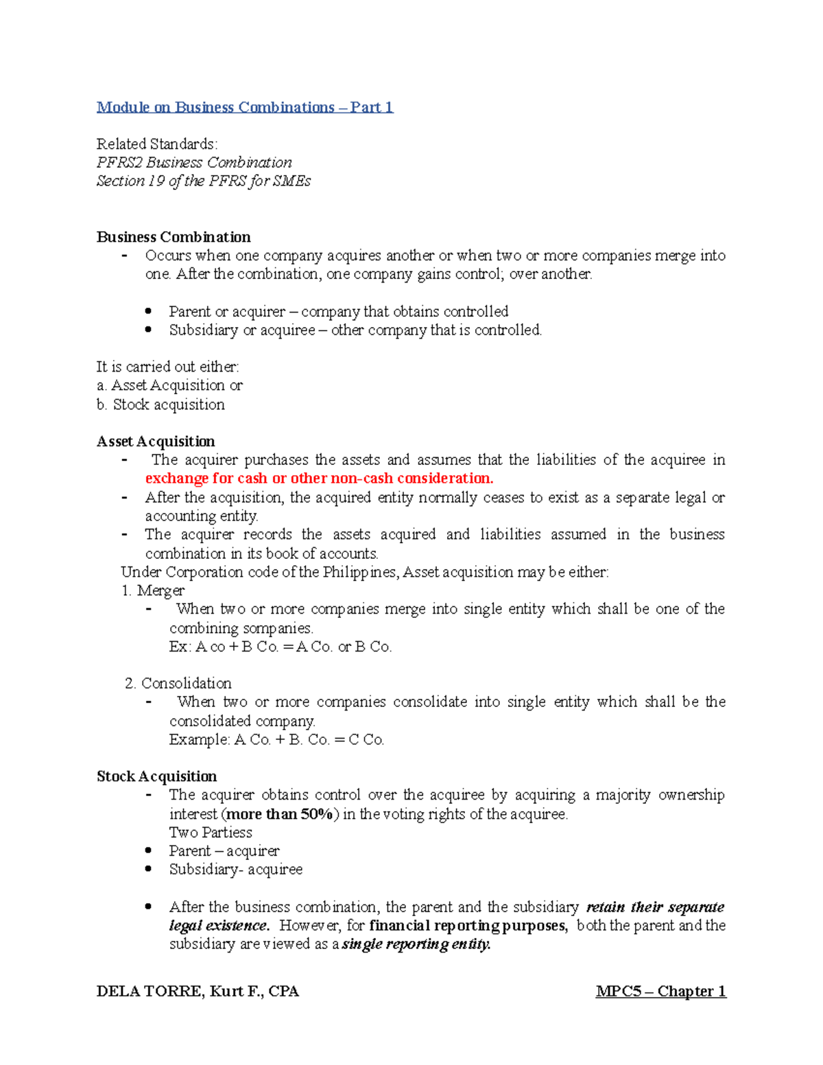 Chapter 1 - Module on Business Combinations Part 1 - Module on Business ...