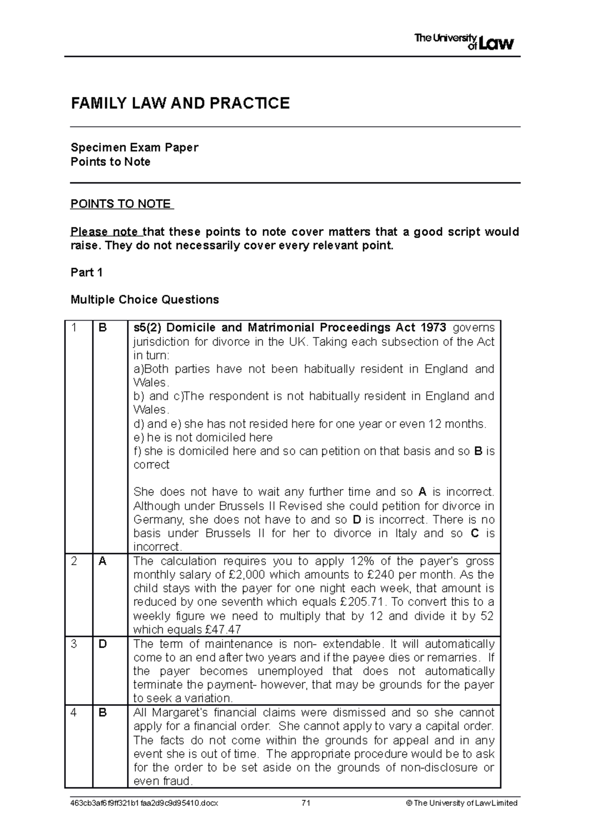2021 fam ce01 exam specimen ptn t FAMILY LAW AND PRACTICE Specimen Exam Paper Points to Note