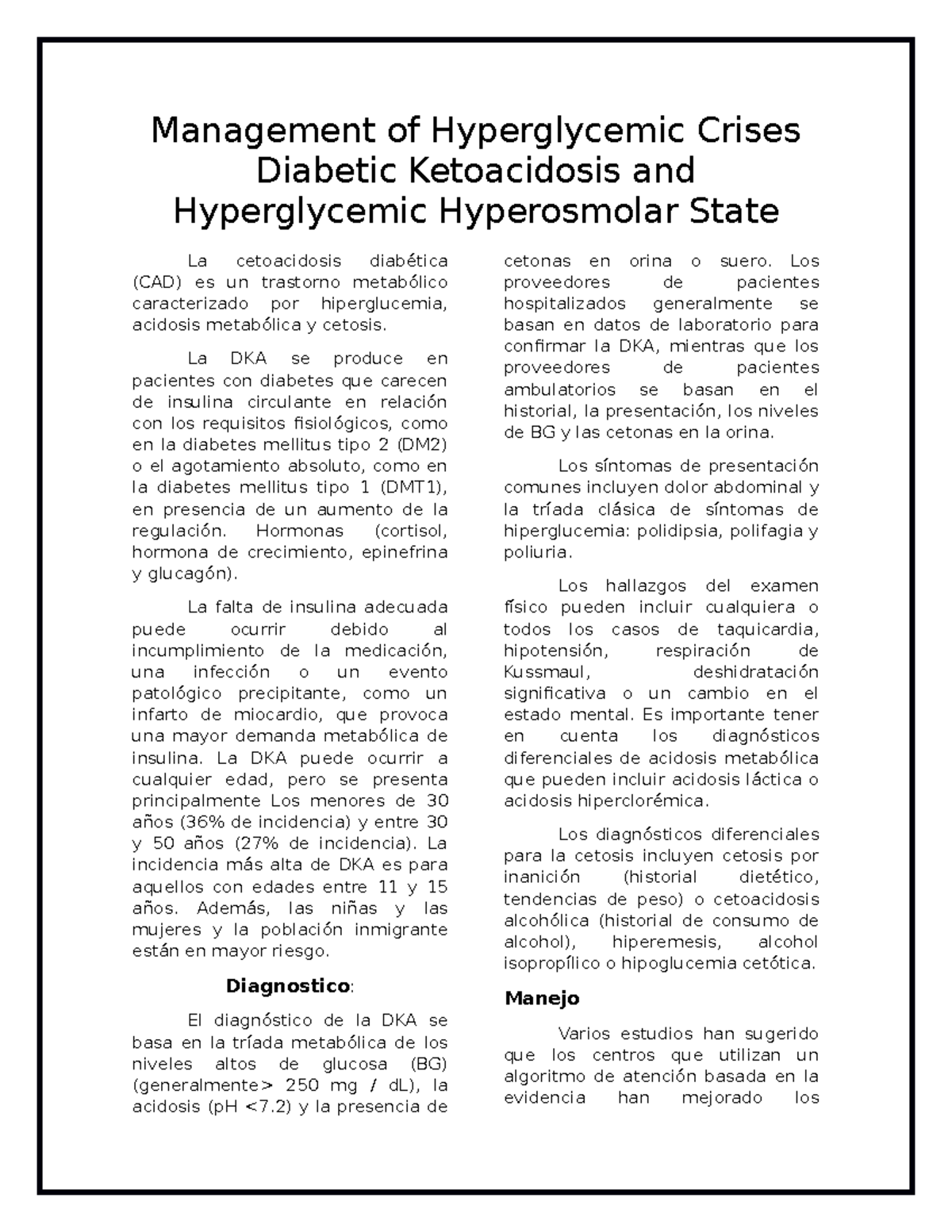 Management Of Hyperglycemic Crises Diabetic Ketoacidosis And Hyperglycemic Hyperosmolar State