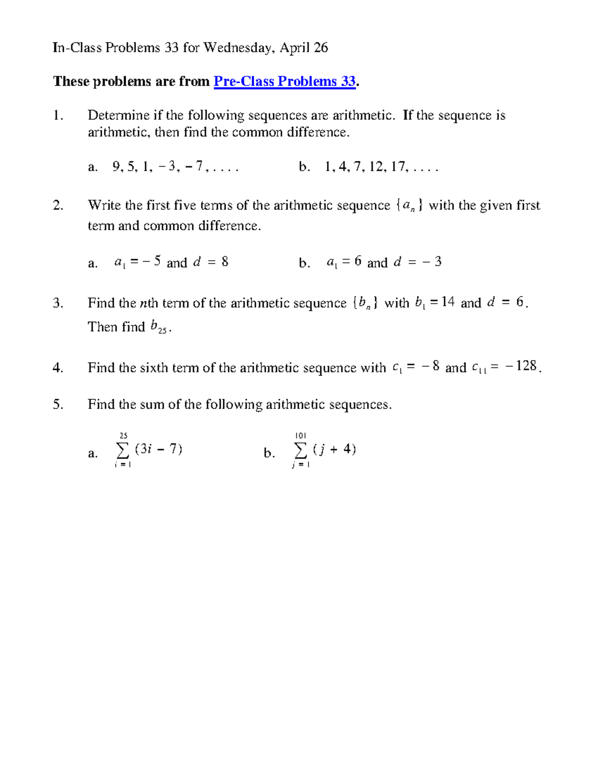 Problems 33MWF InClass Problems 33 for Wednesday, April 26 These