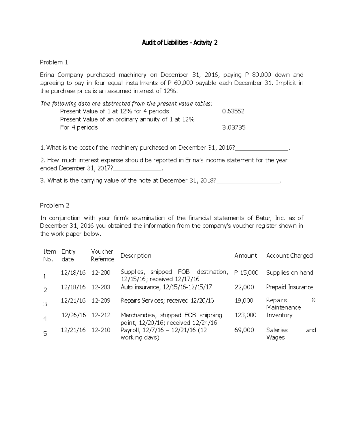 Audit of Liabilities - Acitvity 2 - Implicit in the purchase price is ...