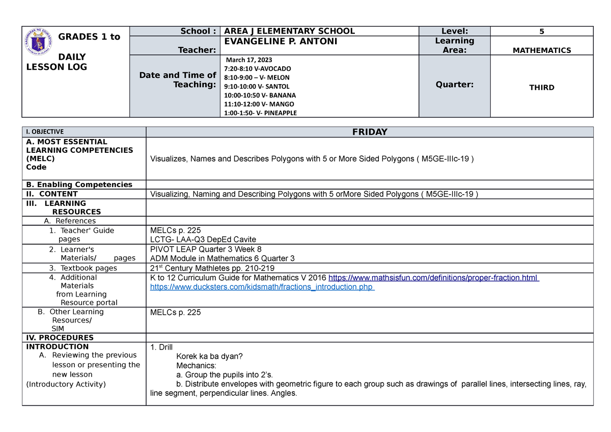 CO1-Math-5-2023-True - GRADES 1 to 12 DAILY LESSON LOG School : AREA J ...