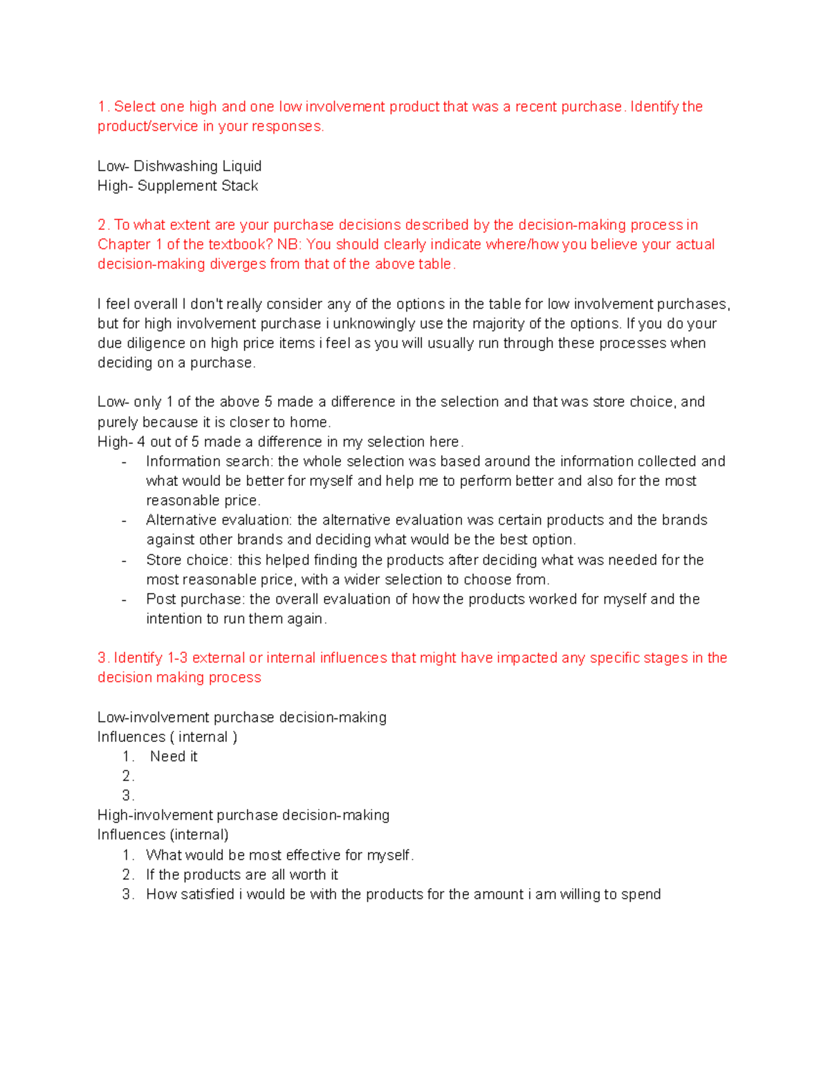 Consumer behaviour week 2 worksheet - Select one high and one low ...