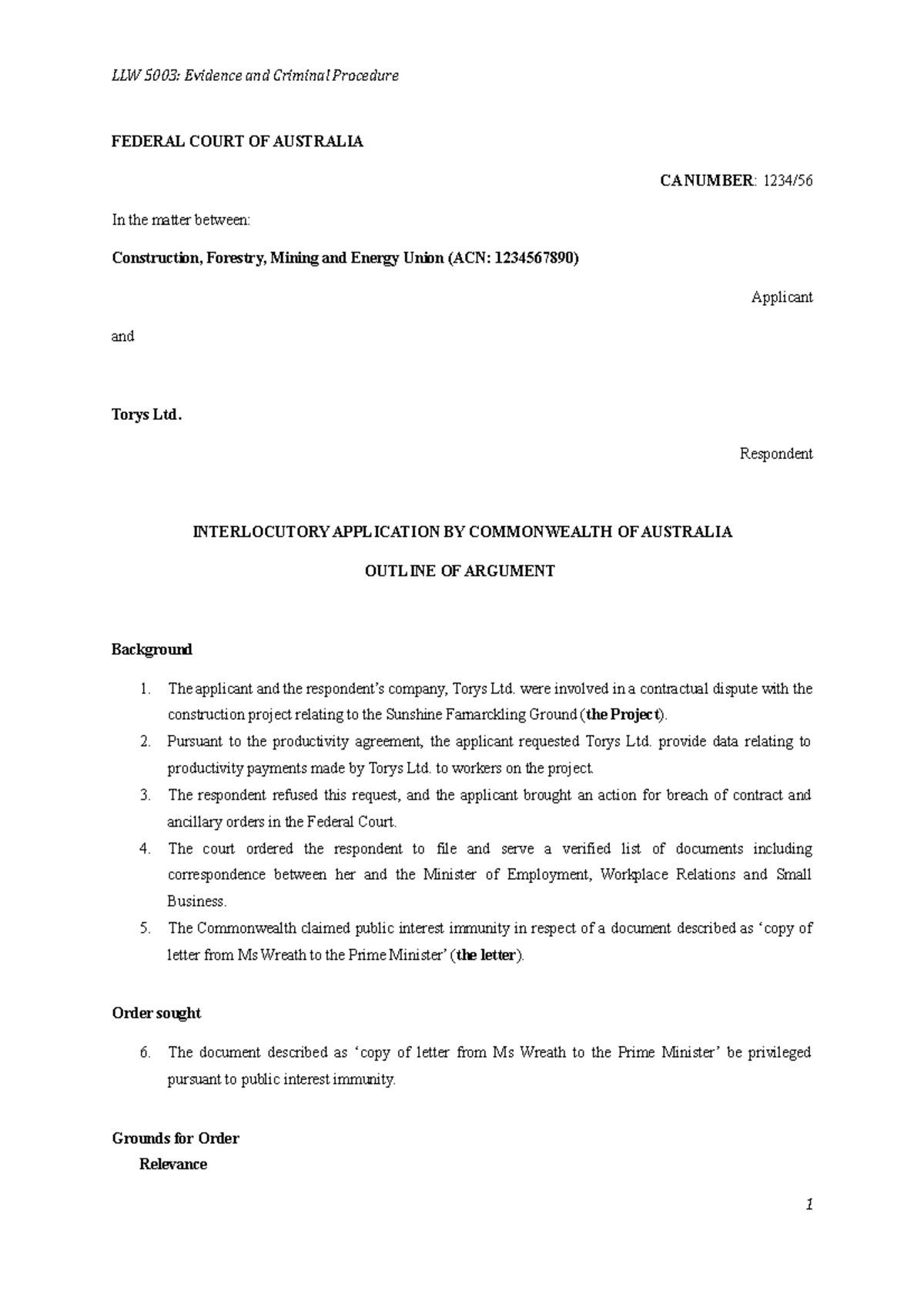 Evidence Case Presentation LLW 5003 Evidence and Criminal Procedure