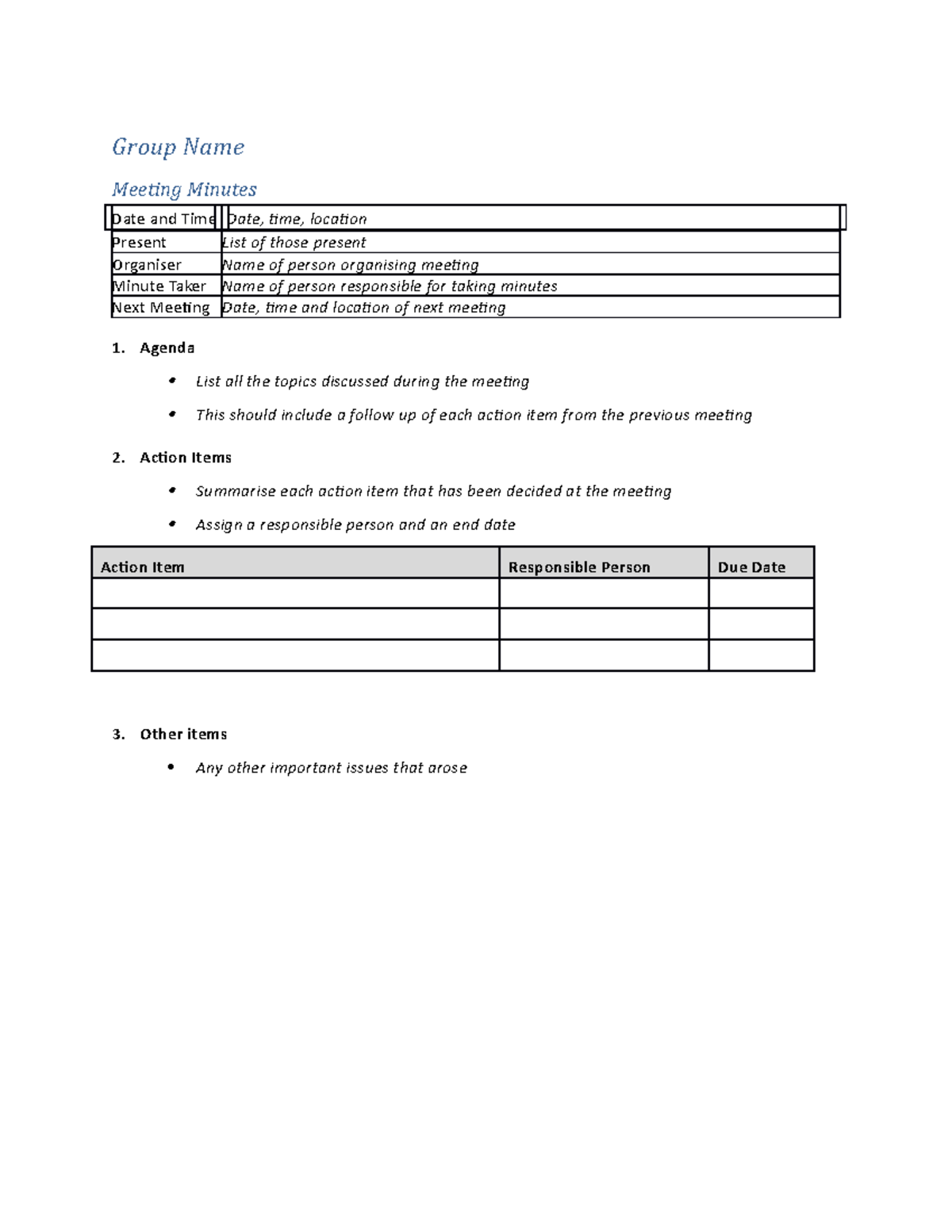 Template - Meeting Minutes - Group Name Meeting Minutes Date and Time ...