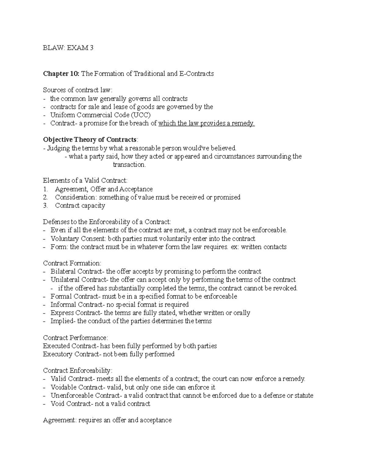 Business Law Test #3 - BLAW: EXAM 3 Chapter 10: The Formation Of ...