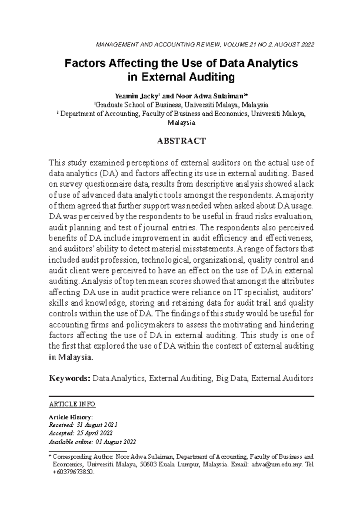 Factors Affecting the Use of Data Analytics in External Auditing ...