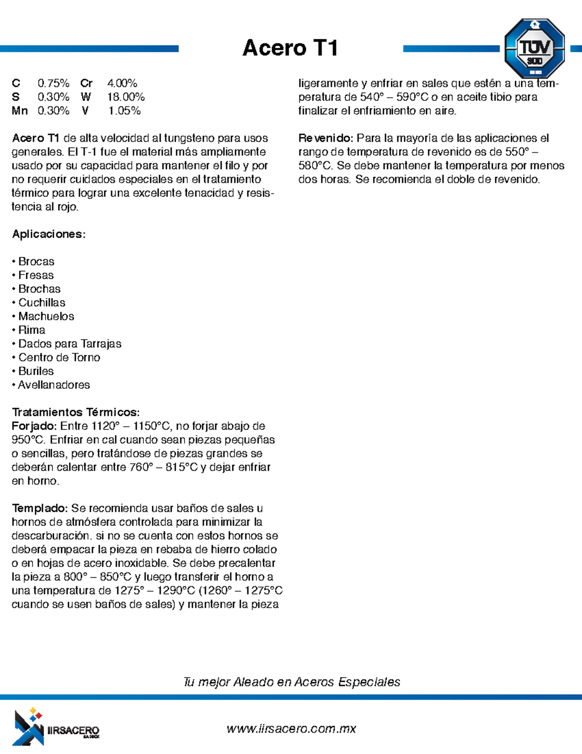 Ficha Técnica Acero T1 Iirsacero - Tu Mejor Aleado En Aceros Especiales ...