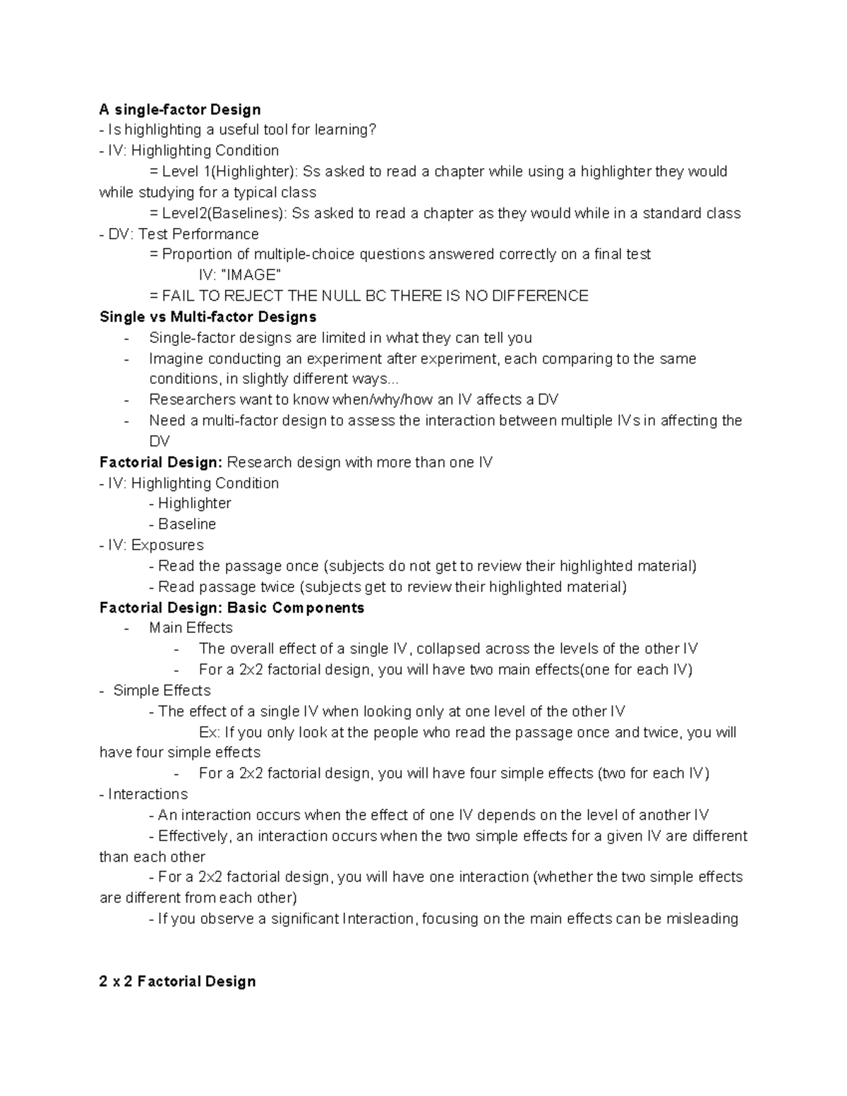 Factorial Design Notes - A single-factor Design Is highlighting a ...