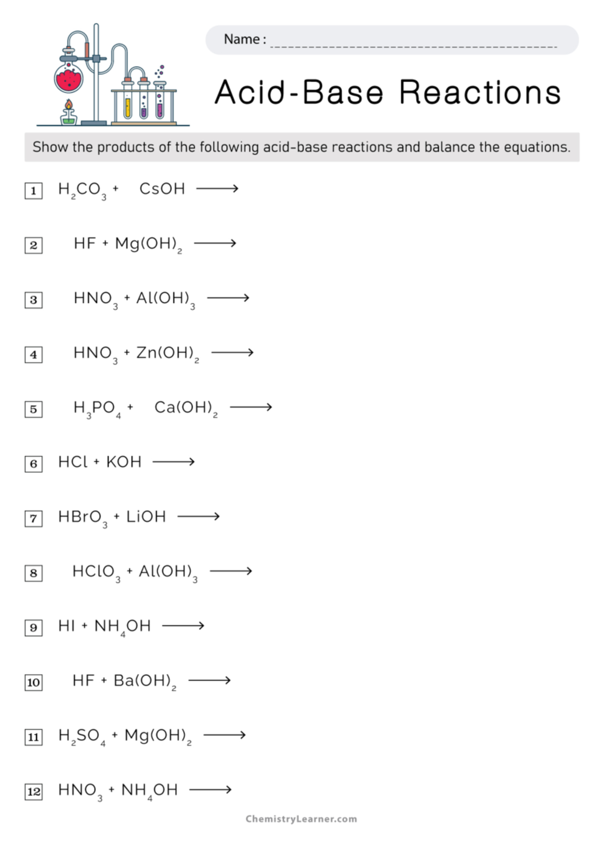 Acid Base Reactions Worksheet 1 - Name : Reactions Show the products of ...