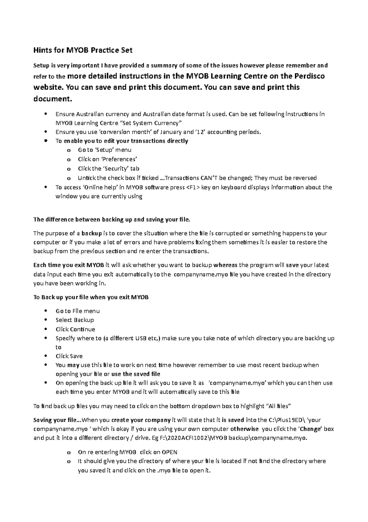 Hints for MYOB Practice Set 4 April (1) - Hints for MYOB Practice Set ...