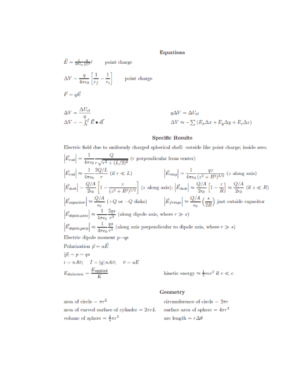 Exam 1 Equation Sheet - Spring 2022 PHYS 27200 - Merge - PHYS 27200 ...