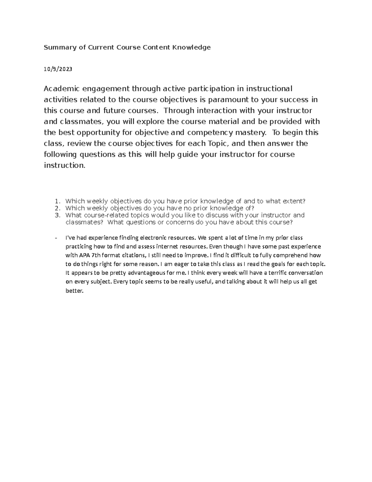 Summaryof Current Course Content Knowledge INV 104 - Summary of Current ...