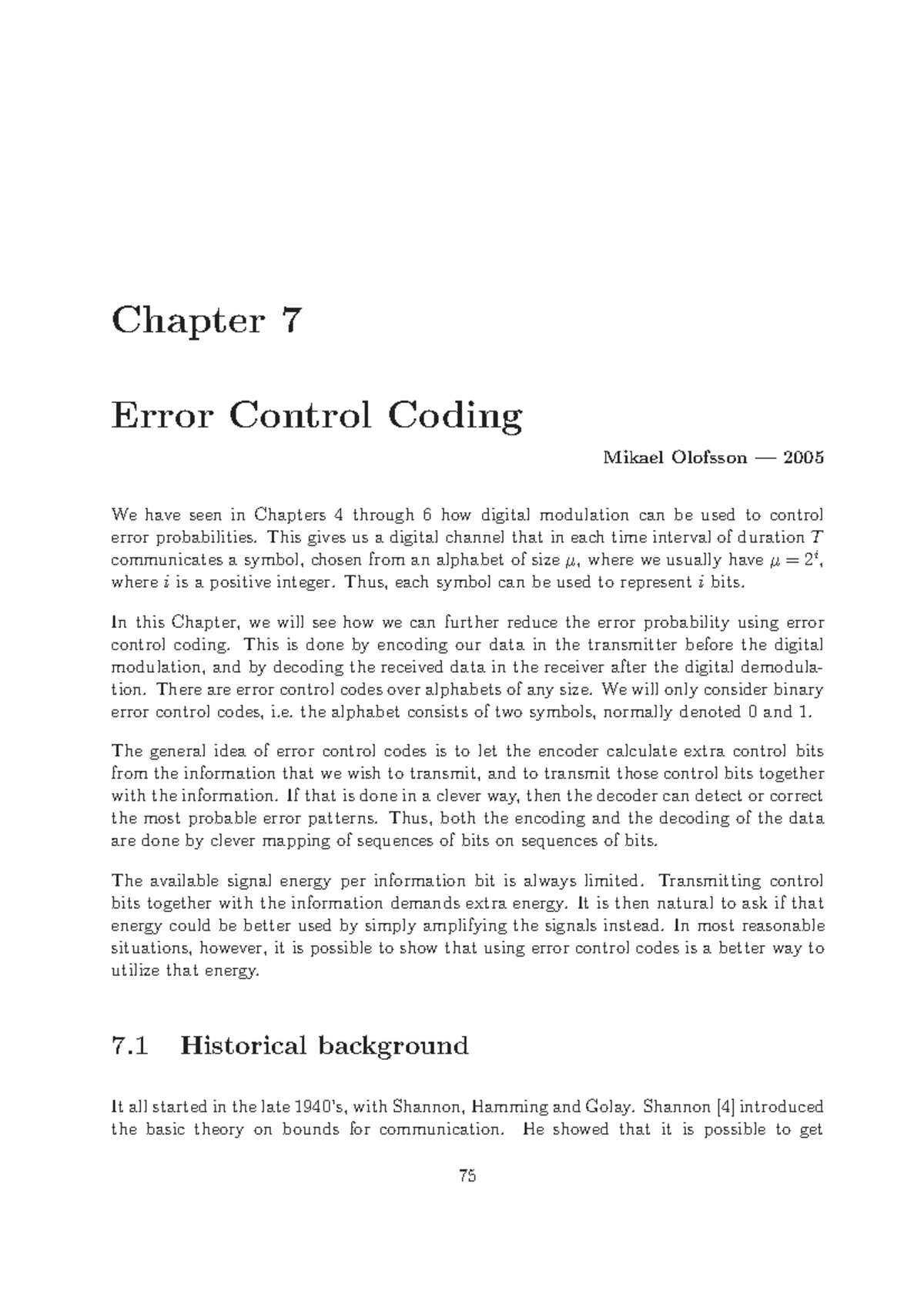 Digital Communication - Chapter 7 Error Control Coding Mikael Olofsson ...