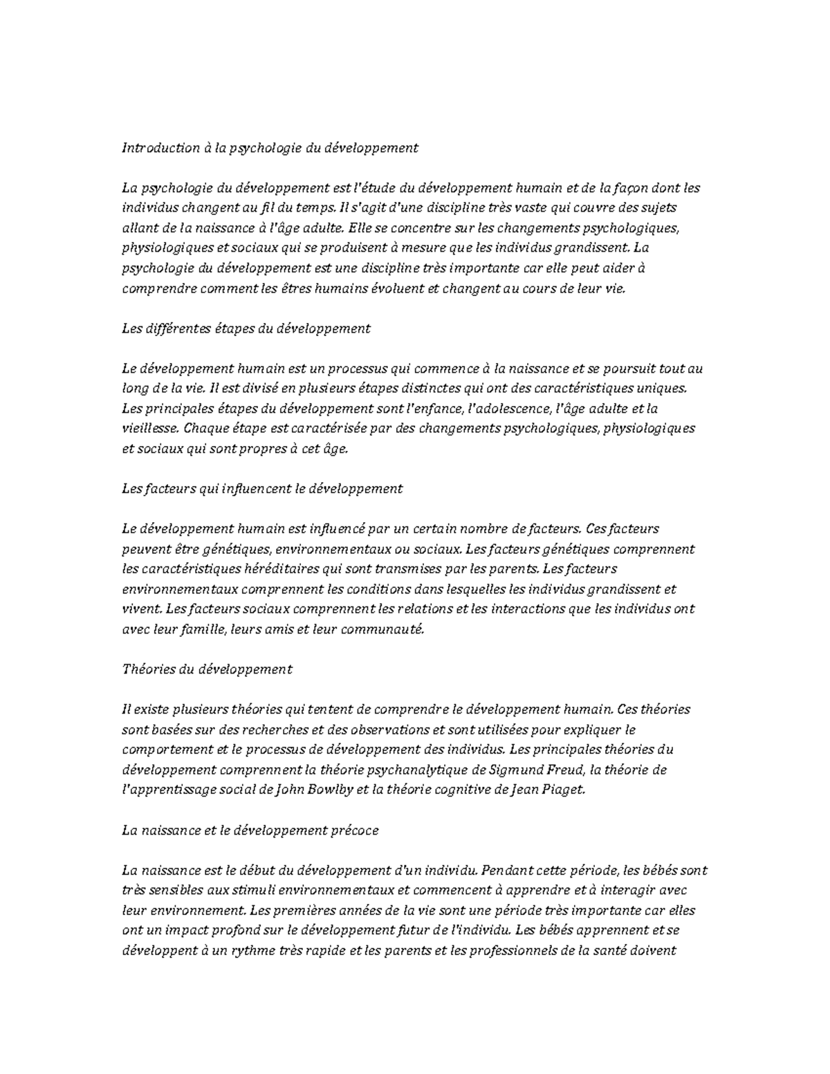 Developmental Psychology Study Notes - Introduction à la psychologie du ...