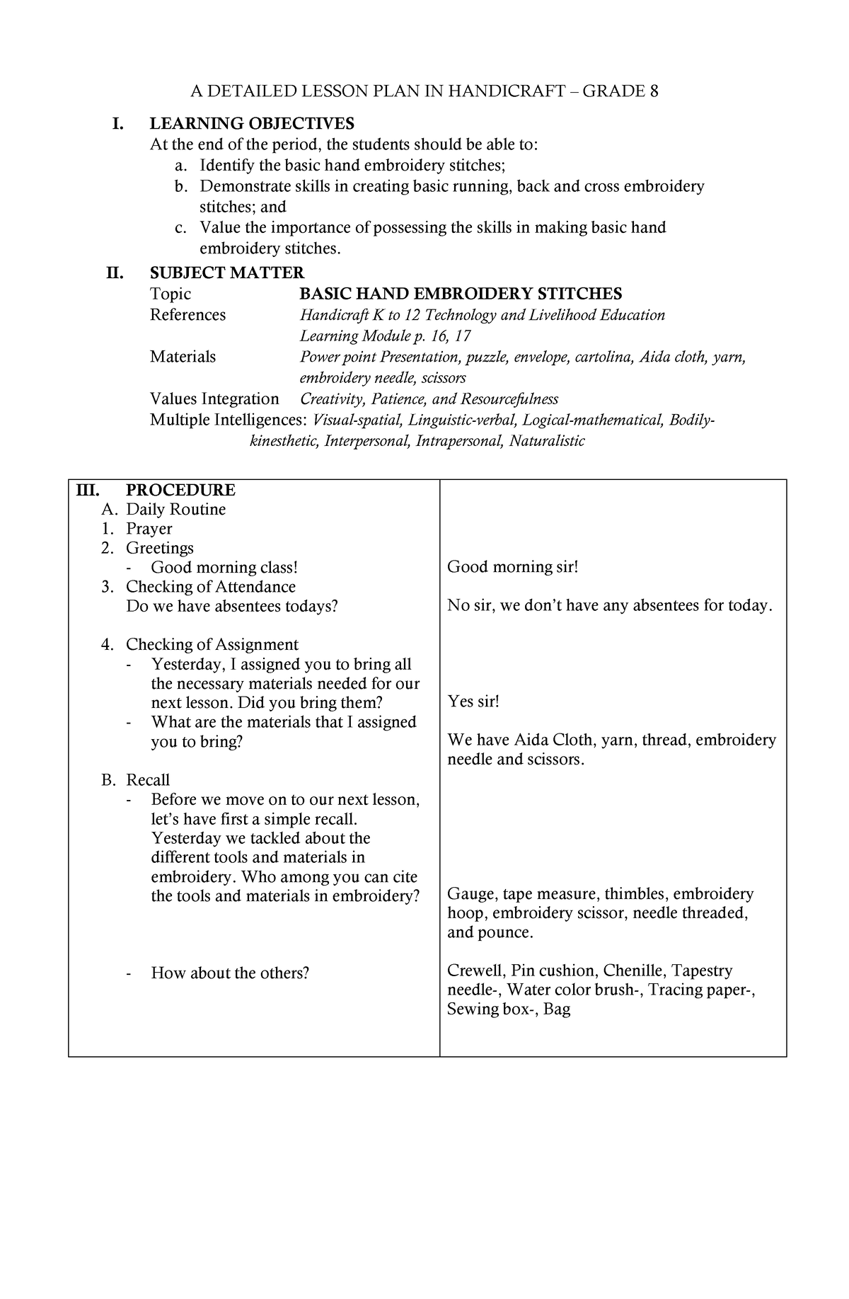 A Detailed Lesson Plan in Handicraft 8 - A DETAILED LESSON PLAN IN ...