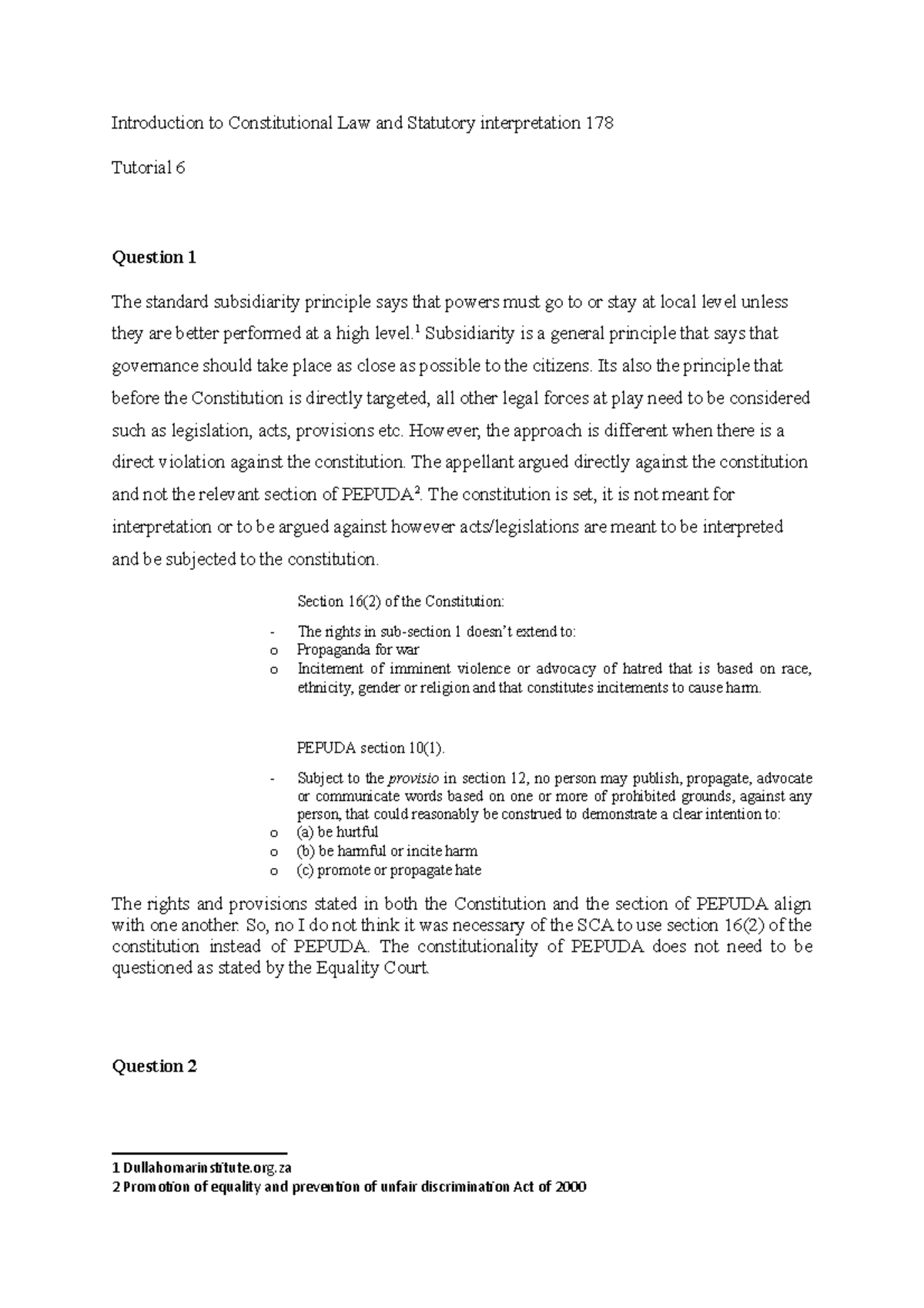 Tutorial 6 answers Introduction to Constitutional Law and Statutory
