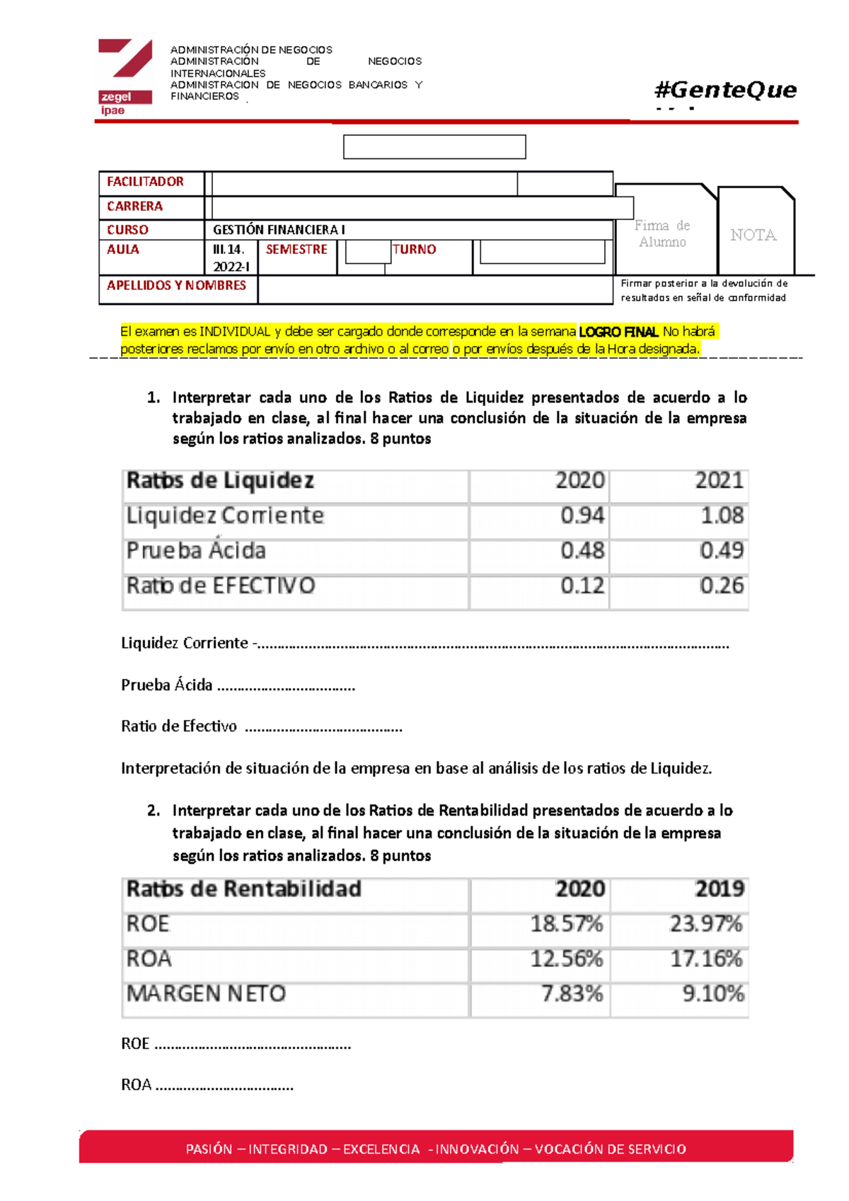 Examen Final Gestión Financiera I 2022-I - FACILITADOR CARRERA CURSO ...