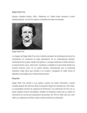 Vida de Edgar Allan Poe - Nota: A - Edgar Allan Poe (Boston, Estados  Unidos, 1809 - Baltimore, id., - Studocu