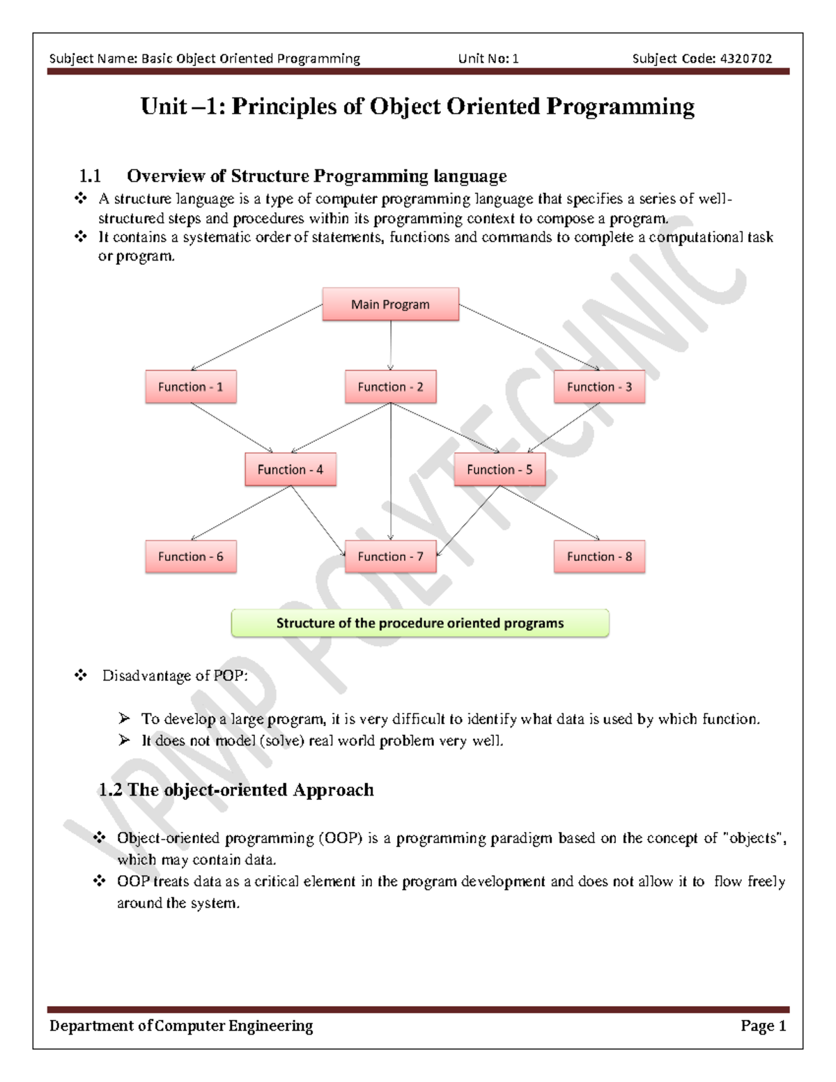 Unit-1-boop - Unit – 1: Principles of Object Oriented Programming 1 ...