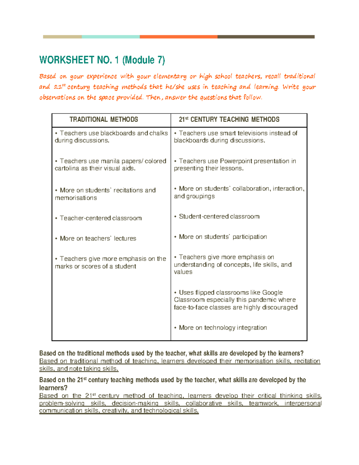 Worksheet 1 (Module 7) - WORKSHEET NO. 1 (Module 7) Based on your ...