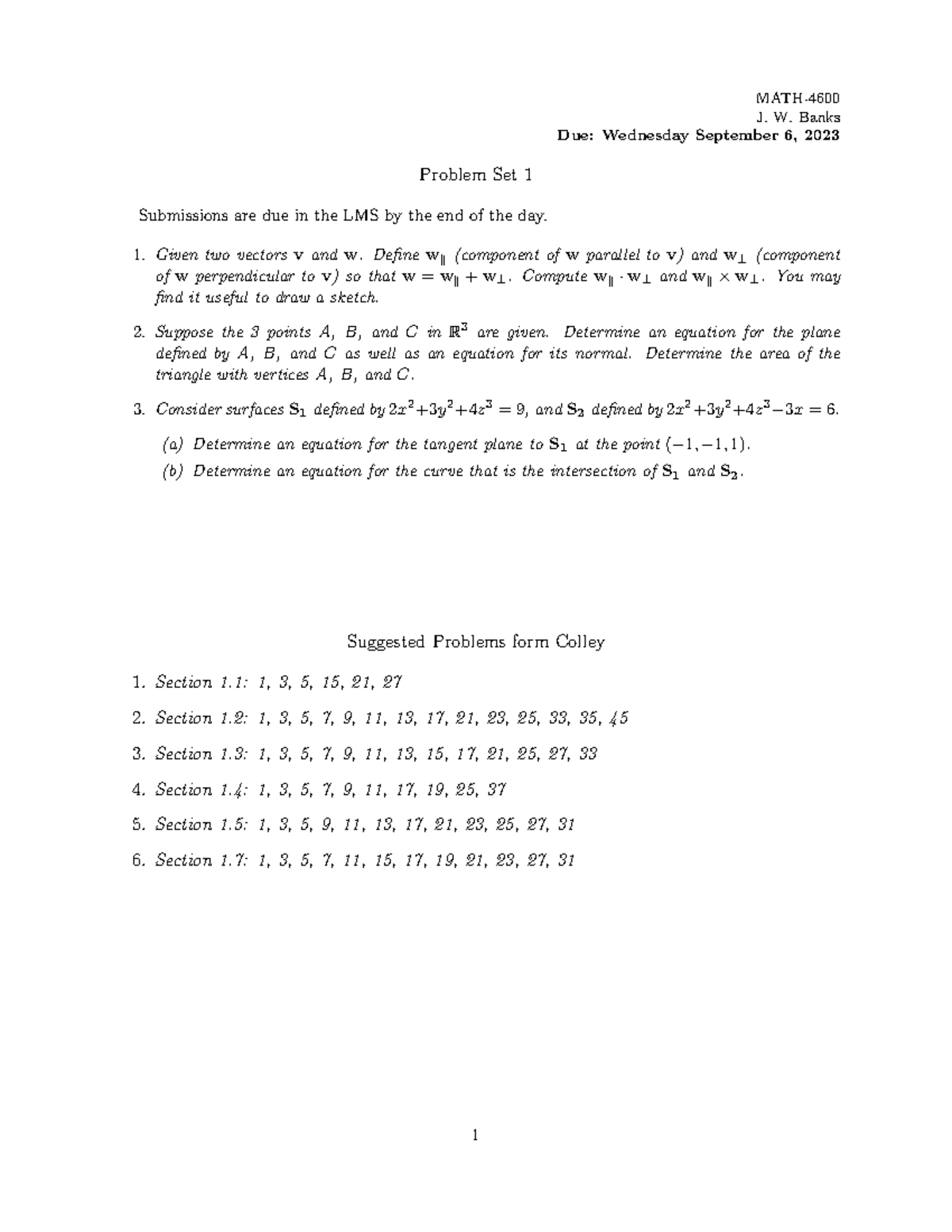 PS1 - Problem Set 1 - MATH- J. W. Banks Due: Wednesday September 6 ...