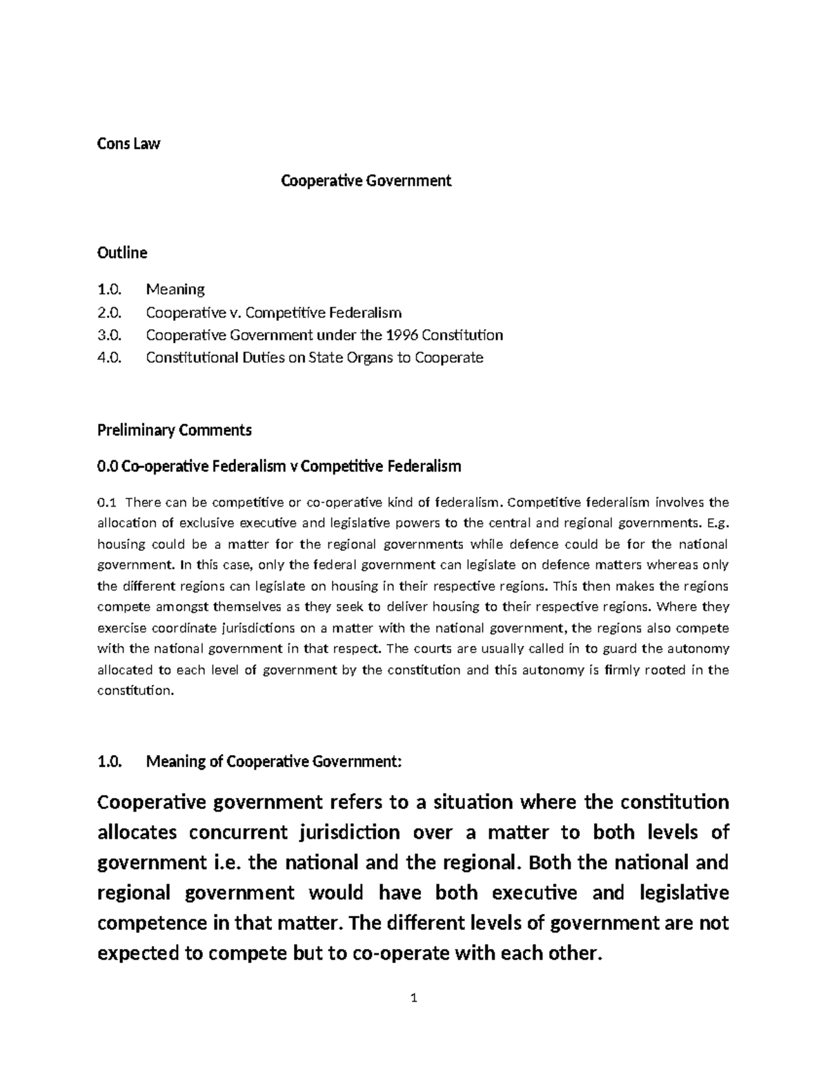 Cooperative Government Lecture Notes - Cons Law Cooperative Government ...