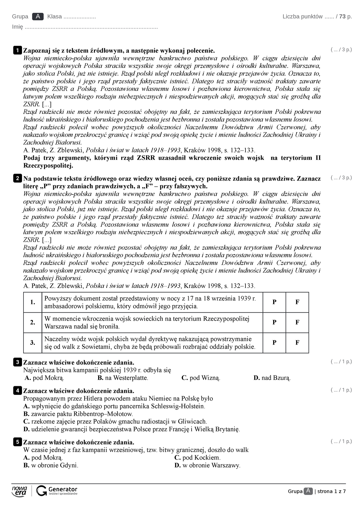 2 Wojna światowa Generator Test Z Widoczną Punktacją - Grupa A | Strona ...