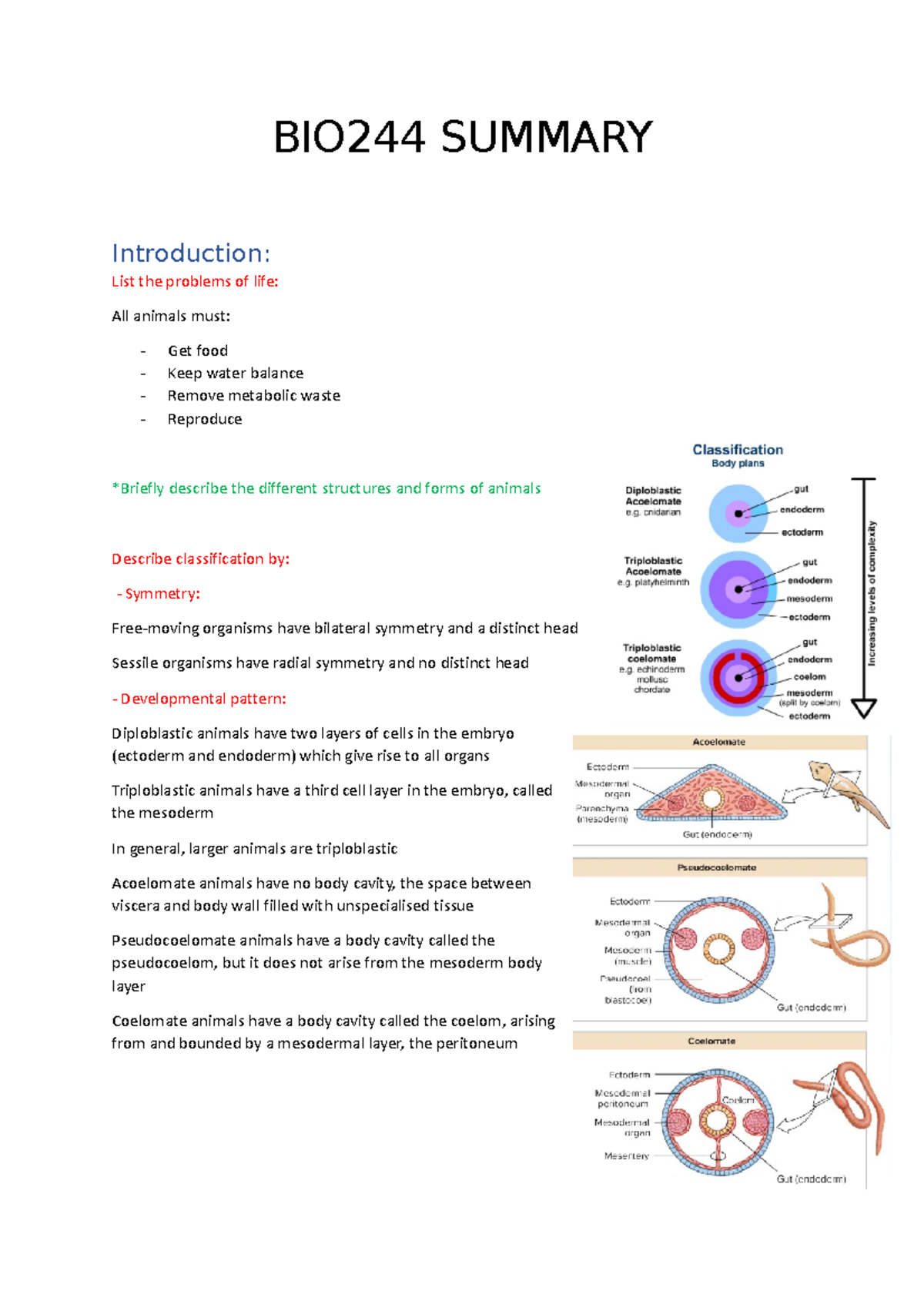 BIO244 Invertebrates Summary - BIO244 SUMMARY Introduction: List the ...