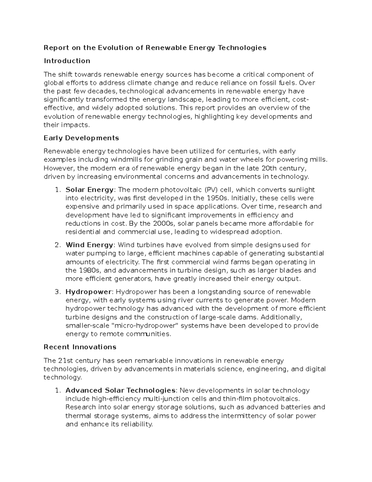 Report on the Evolution of Renewable Energy Technologies - Report on ...