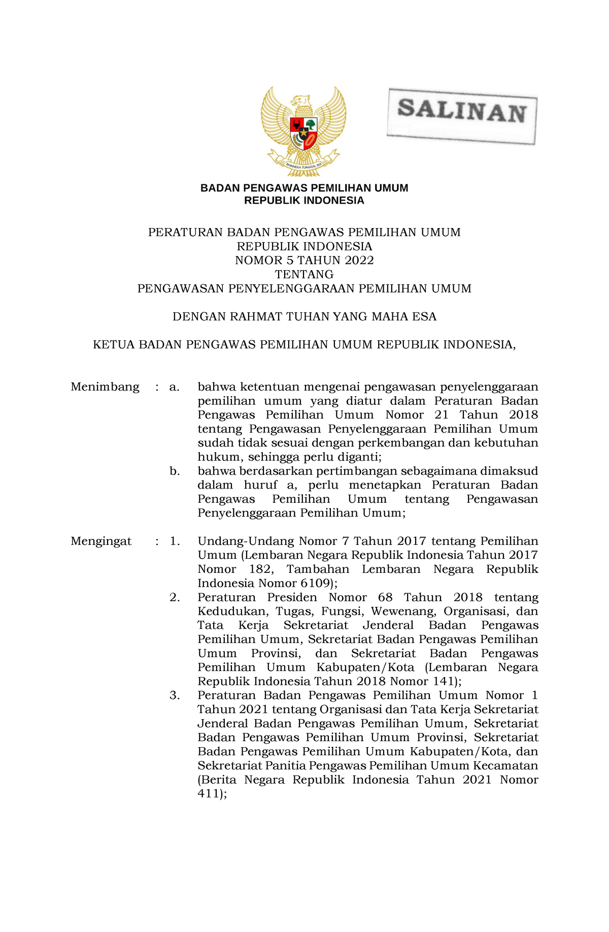 Perbawaslu 5 Tahun 2022 - PERATURAN BADAN PENGAWAS PEMILIHAN UMUM ...