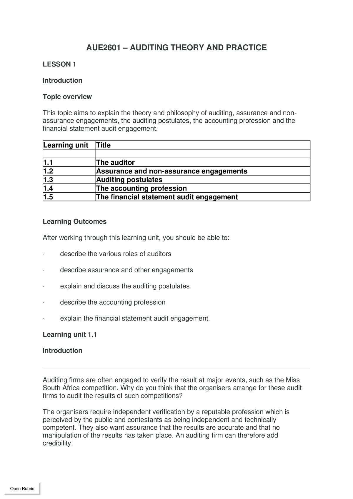 AUE2601 Lessons 1 To 5 240219 091250 - AUE2601 – AUDITING THEORY AND ...