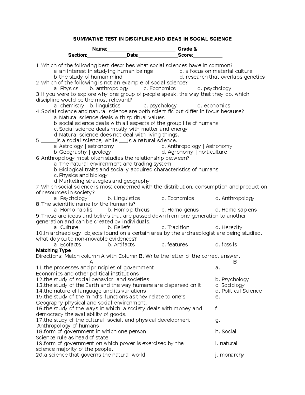 Pdfcoffee - SUMMATIVE TEST IN DISCIPLINE AND IDEAS IN SOCIAL SCIENCE ...