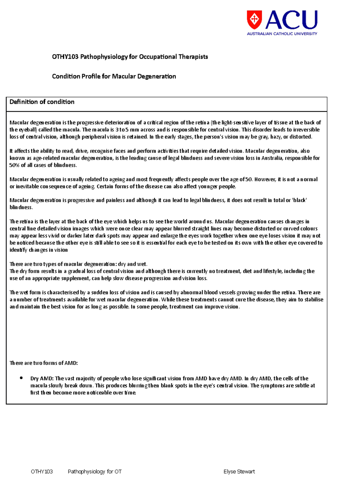 Macular degeneration condition profile - OTHY103 Pathophysiology for 