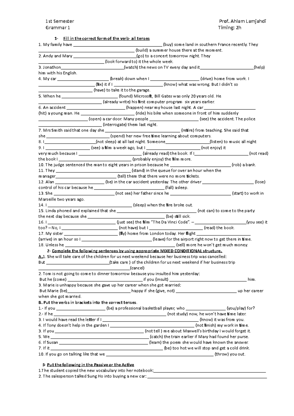 G11 - Grammar - 1st Semester Prof. Ahlam Lamjahdi Grammar 1 Timing: 2h ...