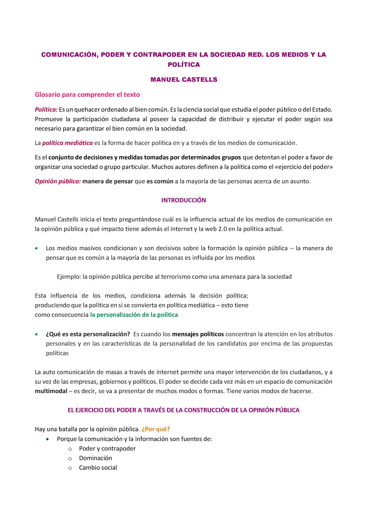 Apunte Bibliografia Castells - COMUNICACIÓN, PODER Y CONTRAPODER EN LA  SOCIEDAD RED. LOS MEDIOS Y LA - Studocu