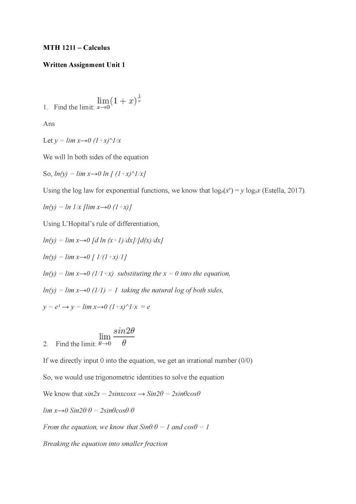 math 1211 written assignment unit 2