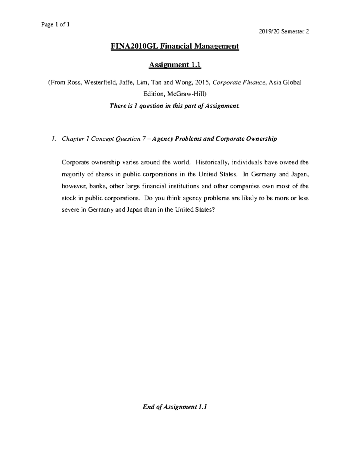 Assignment 1 - Page 1 of 1 201 9/20 Semester 2 FINA2010GL Financial ...