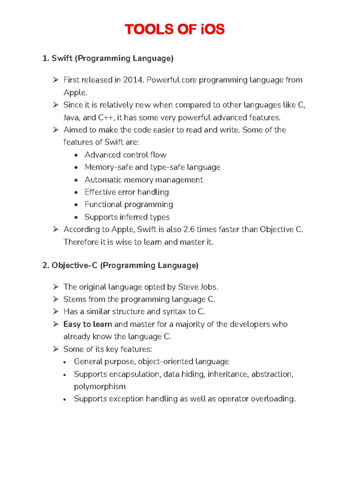 Tools of i OS - Swift (Programming Language) First released in 2014 ...