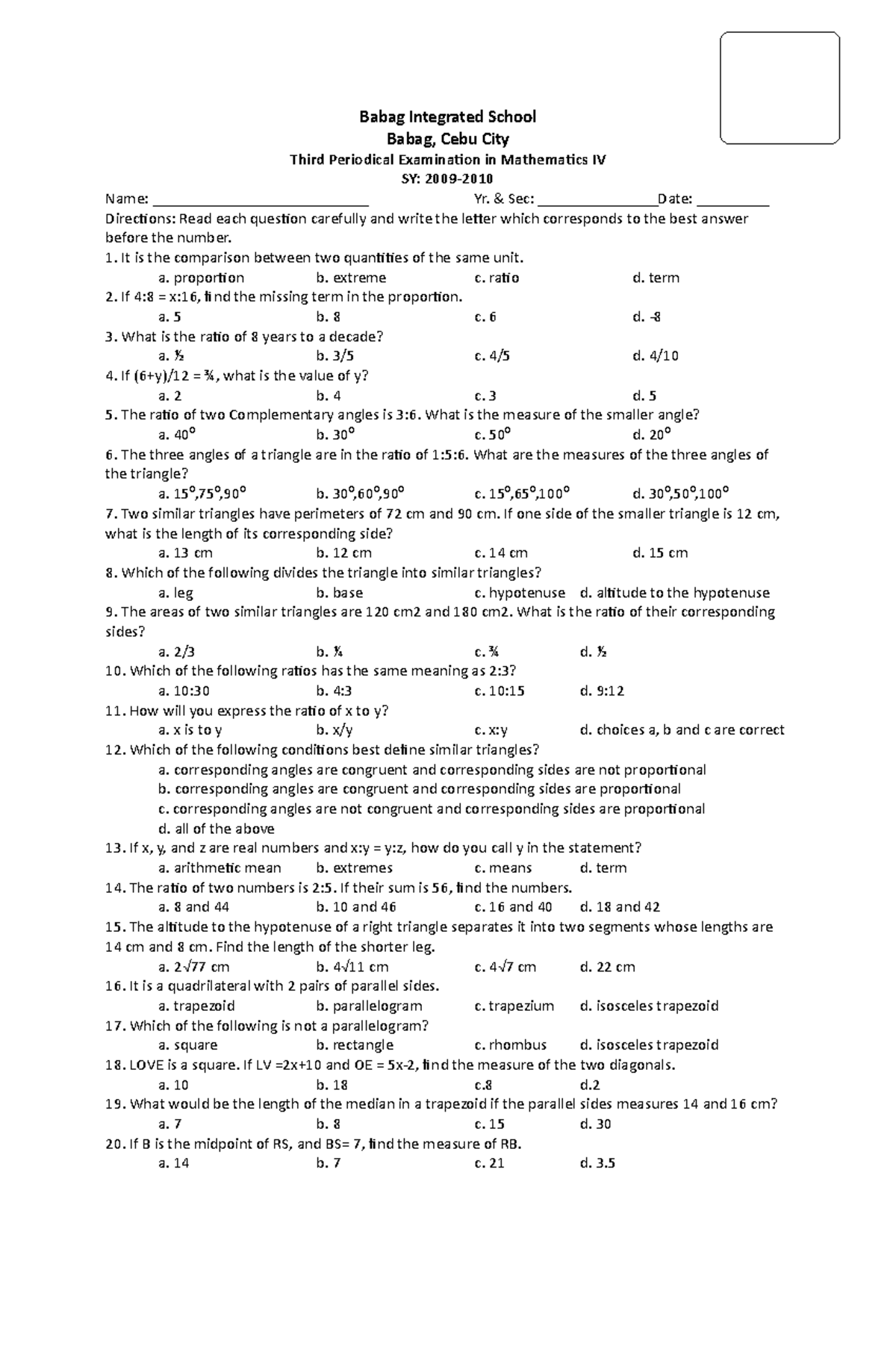 Math III-3 - Test PAper - Babag Integrated School Babag, Cebu City ...