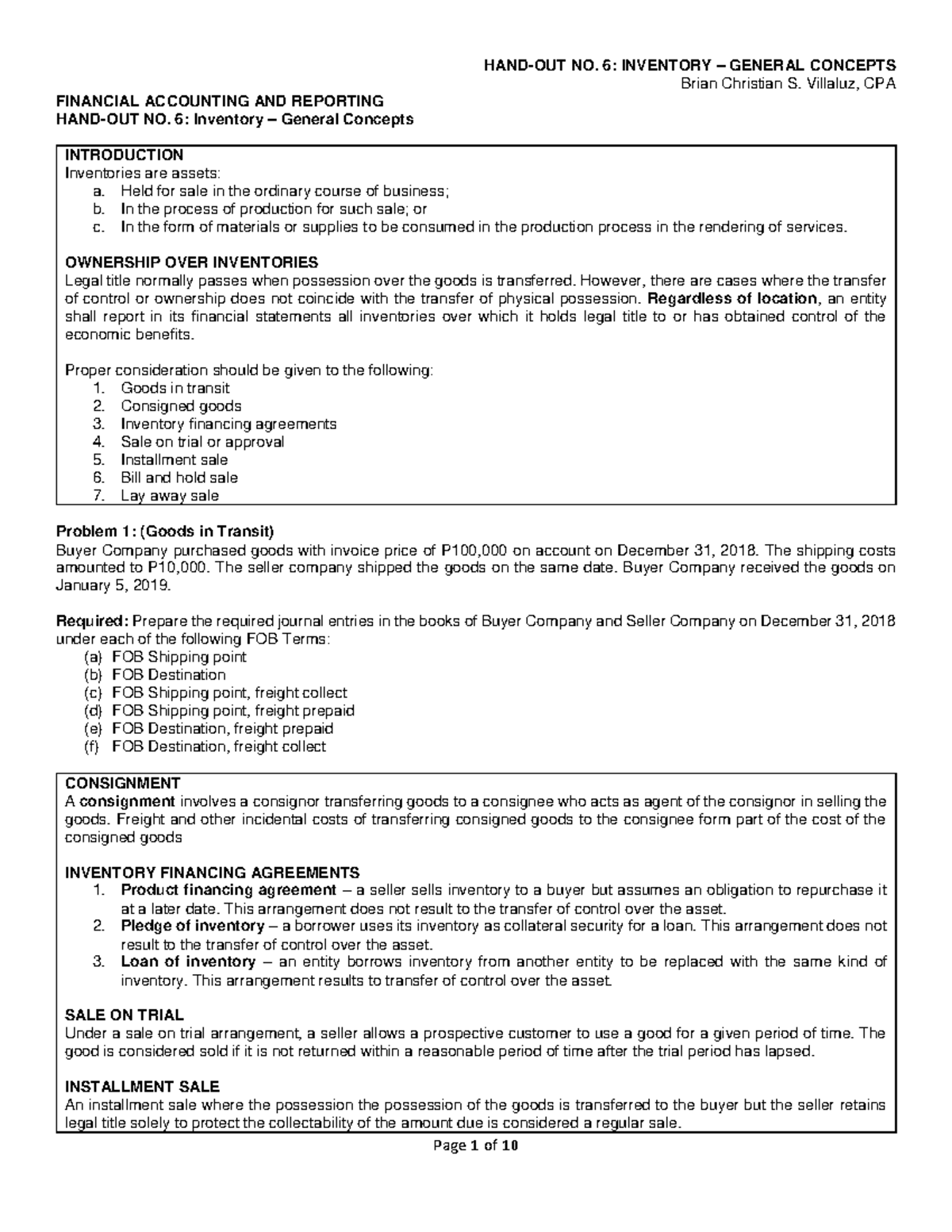 6-inventory - Inventory Accounting - Brian Christian S. Villaluz, Cpa 