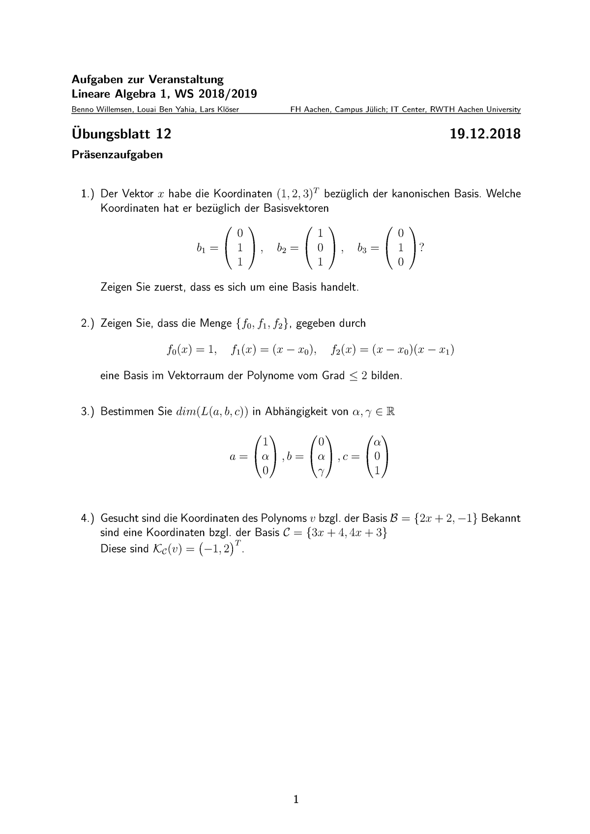 LA1 18 12 Lineare Algebra 1 - Aufgaben Zur Veranstaltung Lineare ...